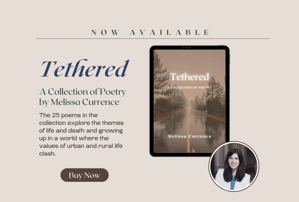 Promo for Tethered: A Collection of Poetry by Melissa Currence. Cover of a misty road. The 25 poems in the collection explore the themes of life and death and growing up in a world where the values of urban and rural life clash. Buy now. 